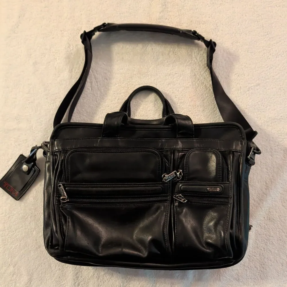 TUMI 96141D4 Black Leather Expandable Organizer Briefcase Laptop Travel Bag 16”